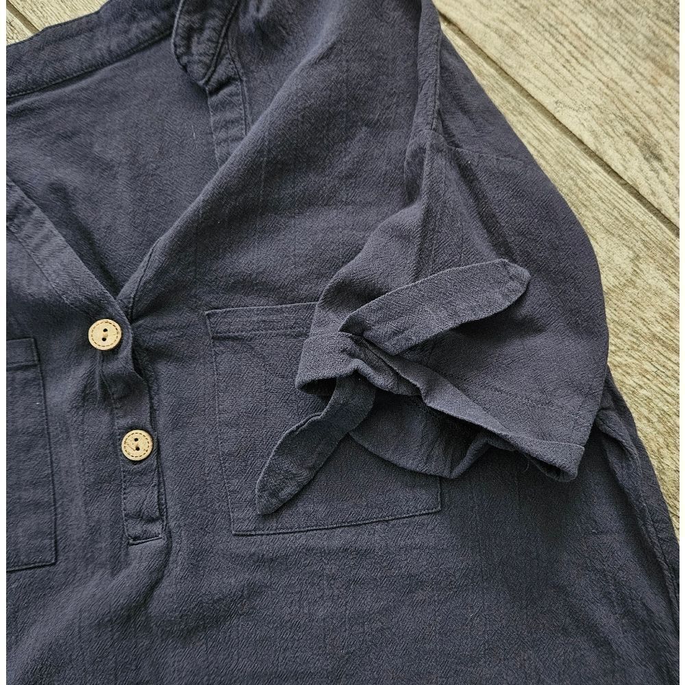 Navy Blue Linen Blend Short Sleeve Shirt - Picture 5 of 7